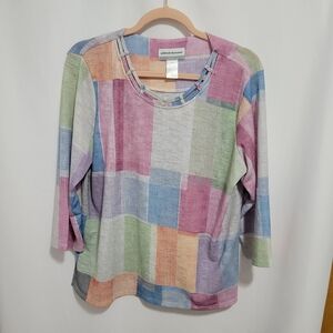 Alfred Dunner Petites Multicolor Patchwork 3/4 Length Sleeve Blouse, Size PM